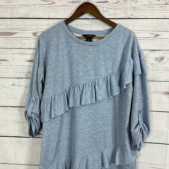 Ali Mlies Top Shirt Womens Medium Blue Sweatshirt Ruffle 3/4 Roll Tab Art Boxy - Picture 2 of 10